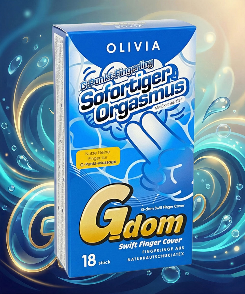 Сине-фиолетовая коробка Olivia G-Dom Swift 18 finger condoms с лубрикантом