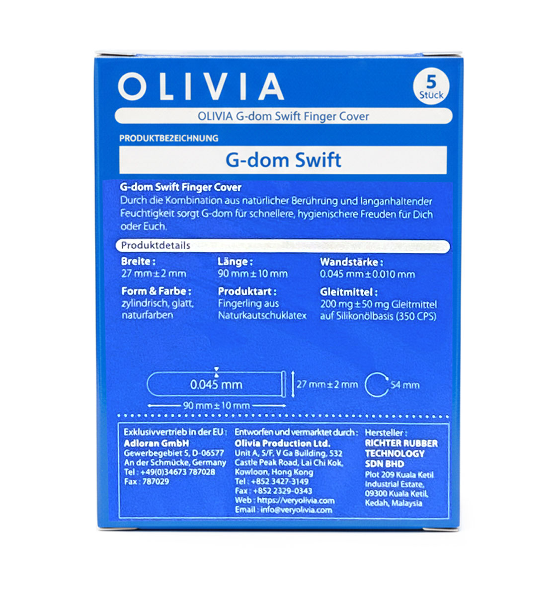 Сине-фиолетовая упаковка Olivia G-Dom Swift с надписью 5 шт и изображением пальца