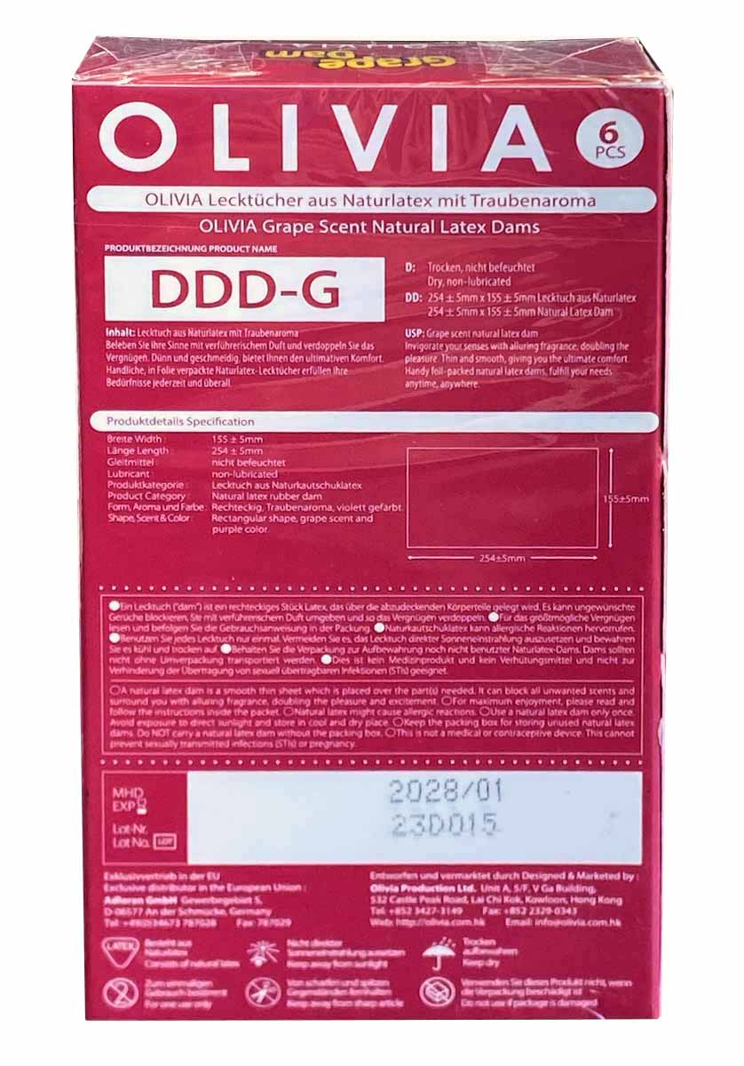 Фіолетова упаковка латексних серветок Olivia Oral Dams Grape 6шт із зображенням винограду