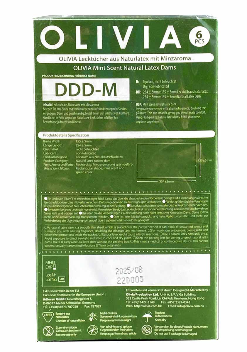 М'ятна зелена упаковка латексних серветок Olivia Oral Dams Mint 6 шт з написом англійською