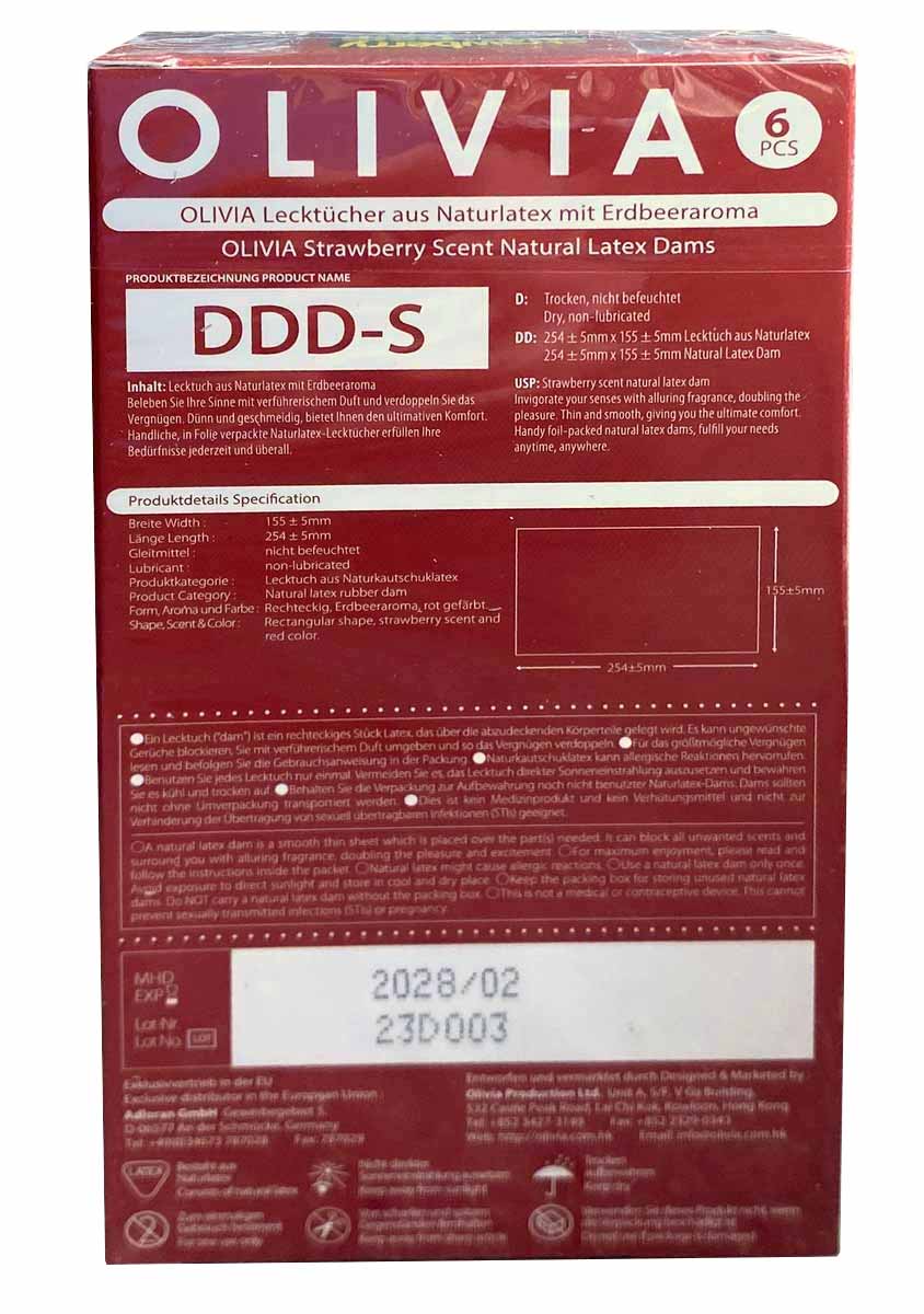 Яскрава червона упаковка Olivia Oral Dams Strawberry з полуницею, 6 латексних серветок