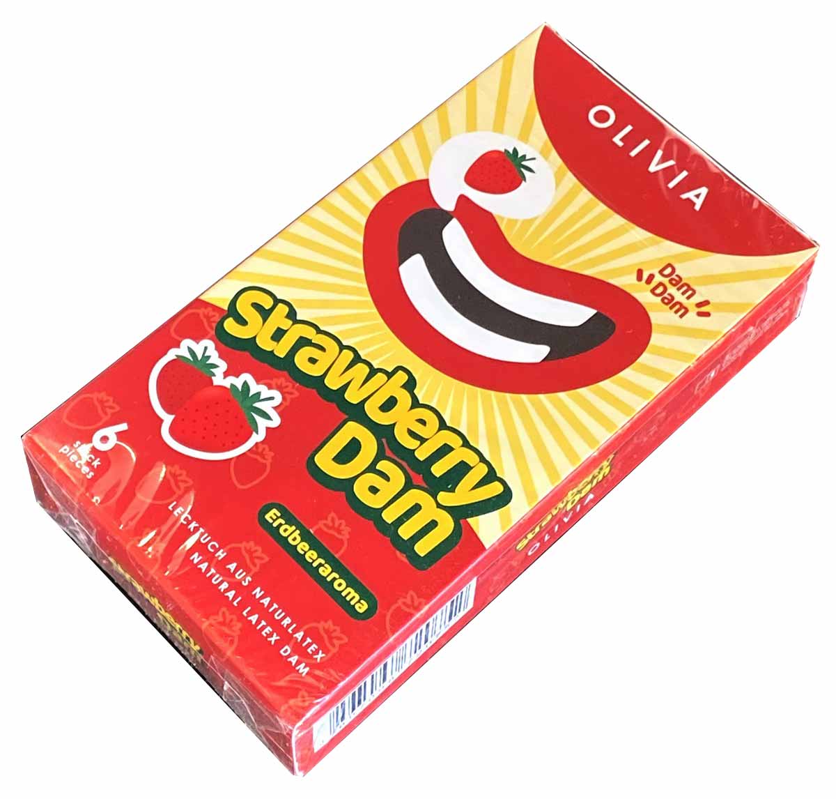 Яскрава червона упаковка Olivia Oral Dams із зображенням полуниці та написом Strawberry 6 шт