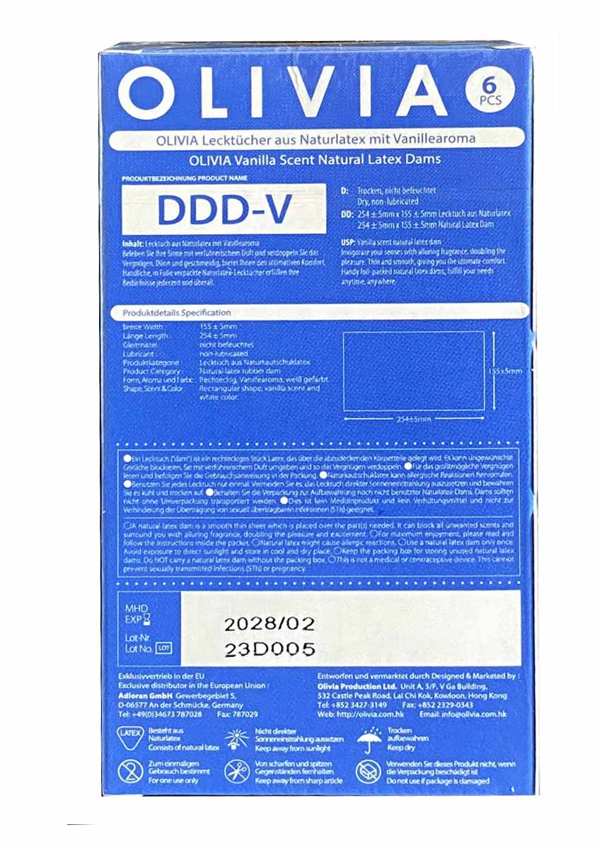 Жовта упаковка Olivia Oral Dams Vanilla 6 шт із зображенням ванілі та англійським текстом