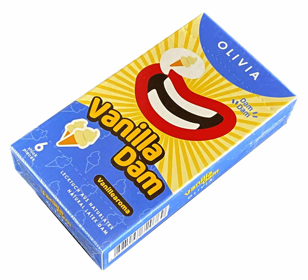 Жовта картонна упаковка Olivia Oral Dams Vanilla з написом, смак ваніль, 6 штук