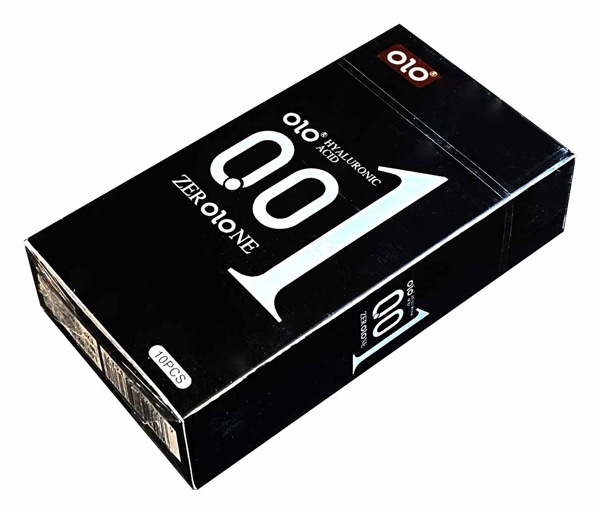 Черная матовая коробка Olo Black Foil с надписью 0.01 и указанием 10 ультратонких презервативов