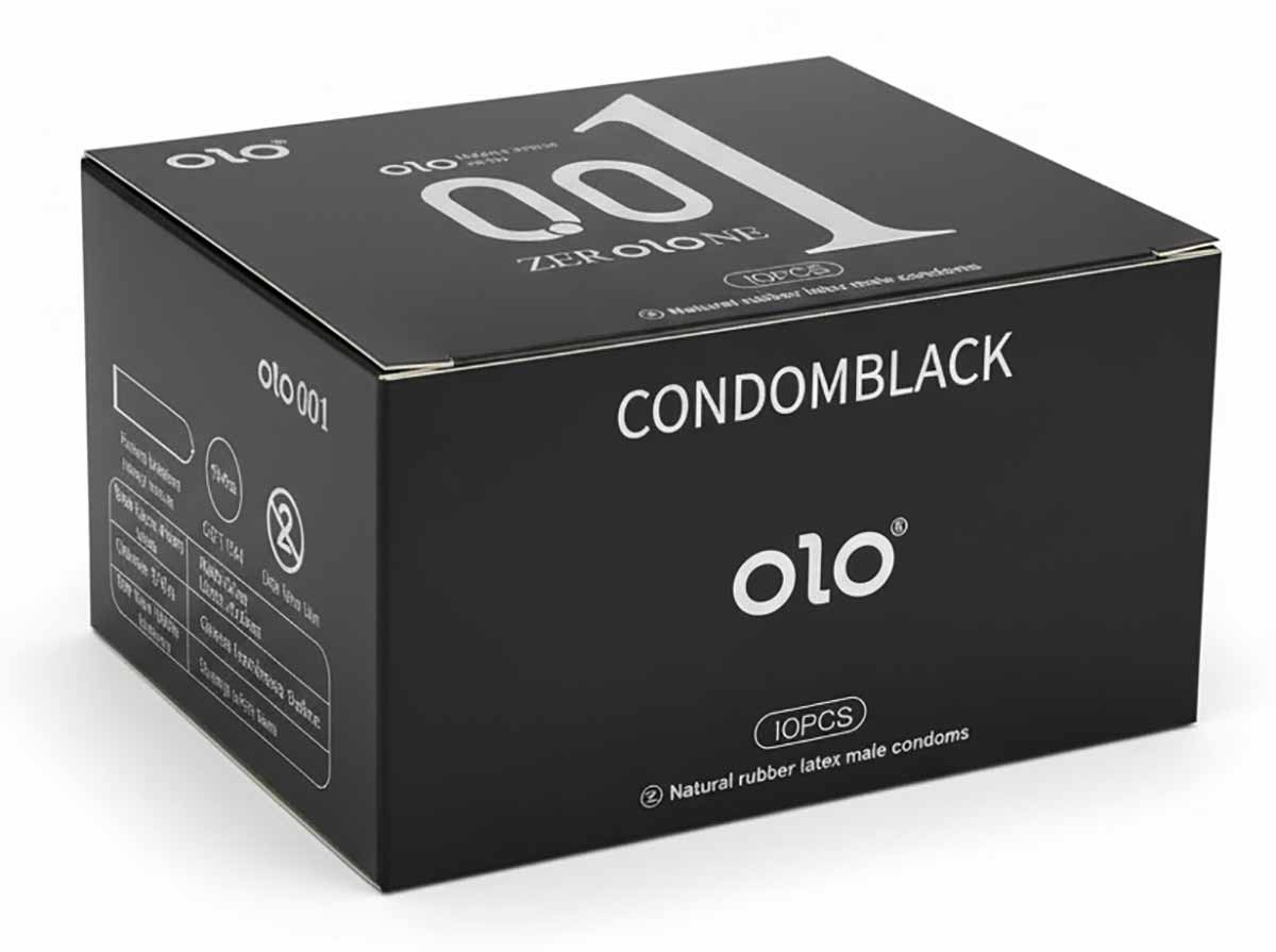 Черная коробка Olo 0.01 с серебристой надписью BLACK, 10 ультратонких презервативов