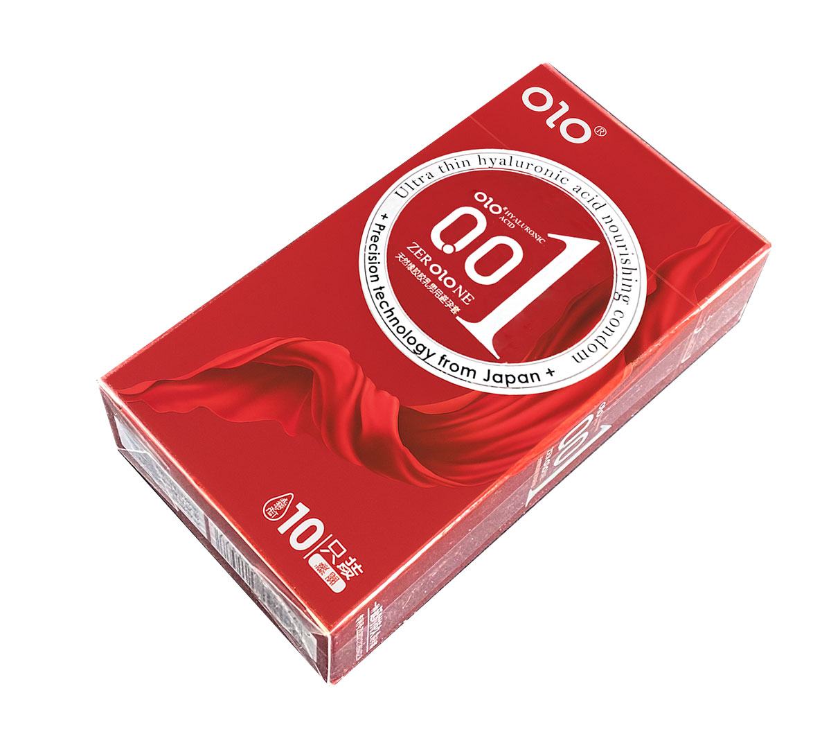 Красная упаковка Olo 0.01 ZERO RED Foil с надписью 10 шт и точками гиалуроновой кислоты