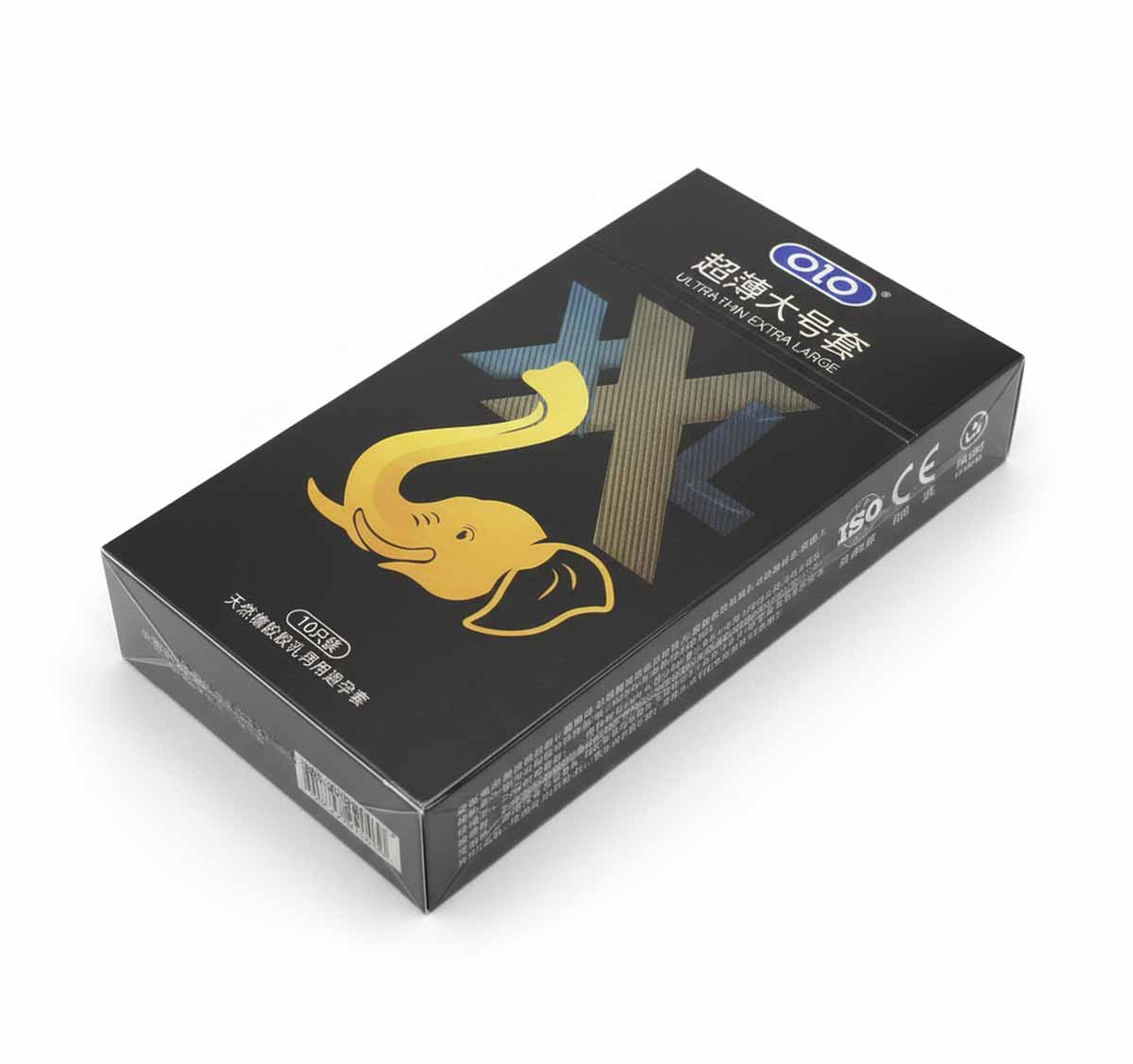 Черная упаковка Olo 0.01 XL с золотистой надписью и указанием 10 ультратонких презервативов
