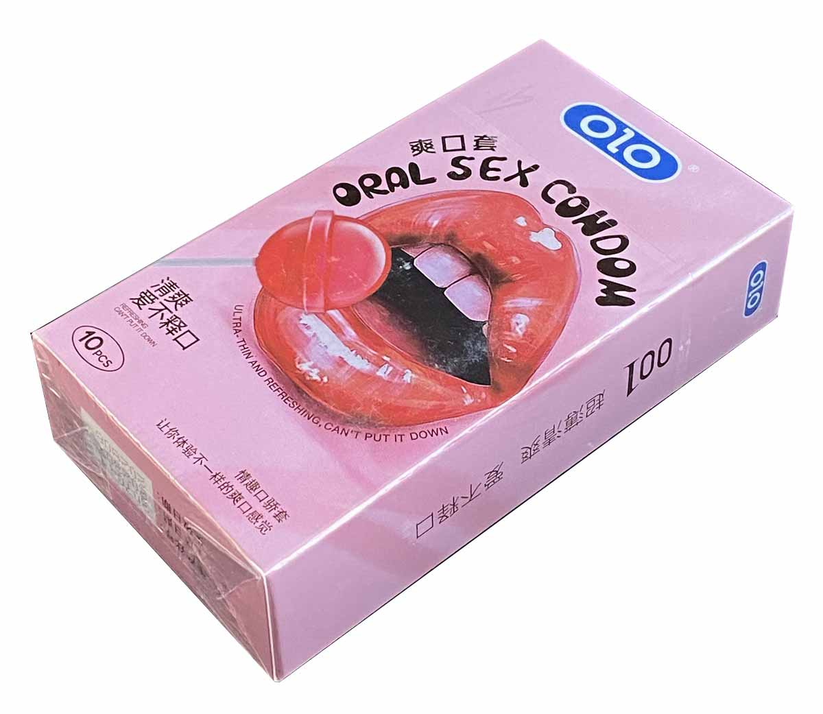 Глянцевая розовая коробка Olo Oral Candy с надписью 10 ультратонких презервативов со вкусом конфеты
