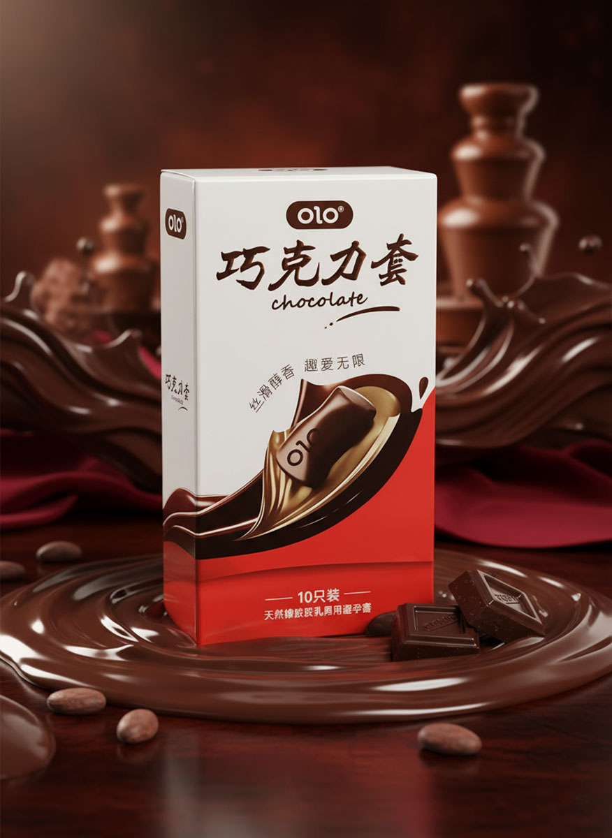 Темно-коричневая упаковка Olo Oral Chocolate с надписью chocolate, 10 продлевающих презервативов