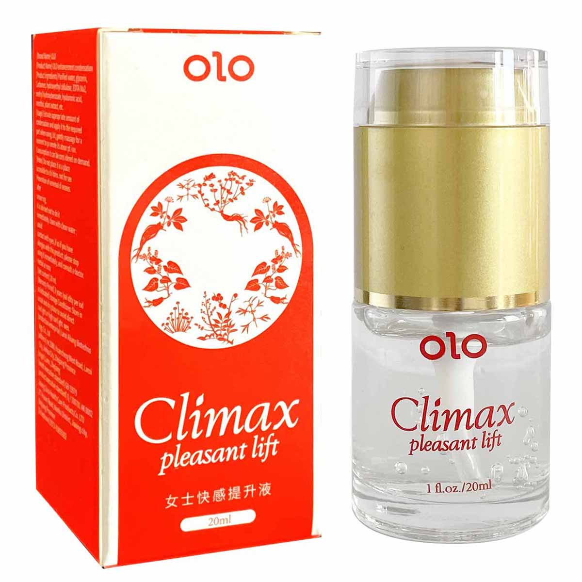 Прозрачный пластиковый флакон с розовой крышкой, надпись OLO Climax Pleasant Lift 20мл