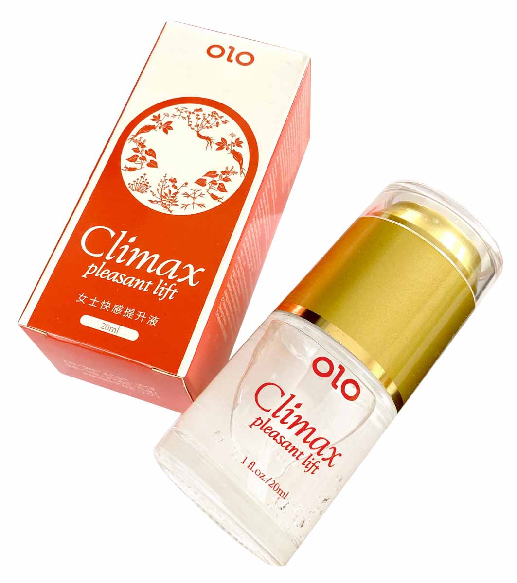 Прозрачный флакон с голубой крышкой Olo Climax Pleasant Lift 20мл на белом фоне