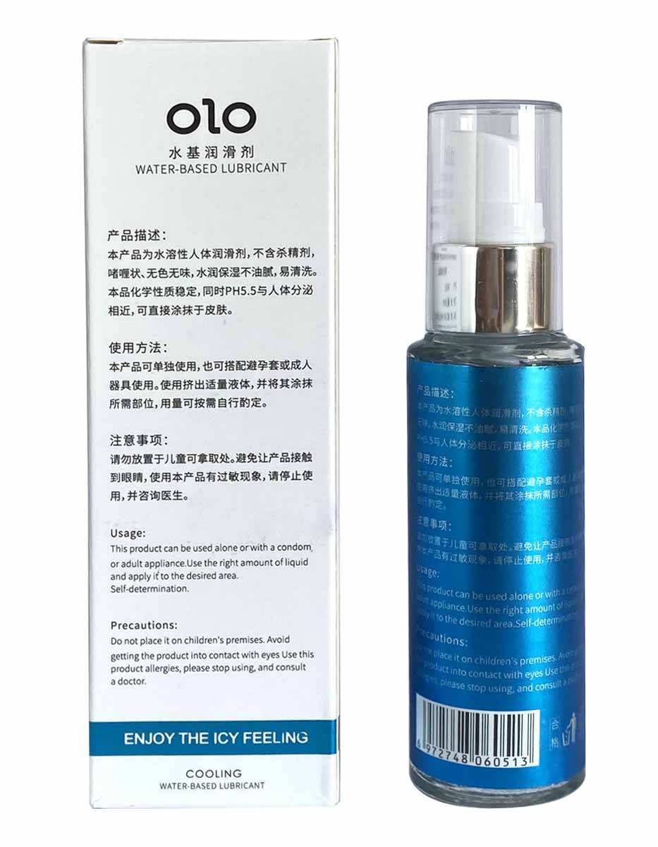Прозрачный пластиковый флакон сине-белого цвета с надписью OLO Cooling, объем 60 мл