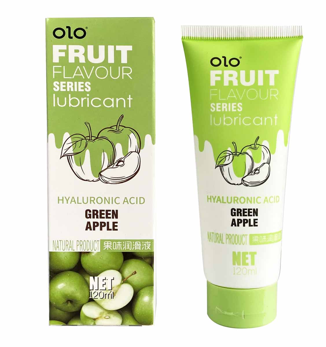 Зелені флакони лубрикантів OLO Fruit Apple 120 мл та прозоре ерекційне кільце на білому фоні