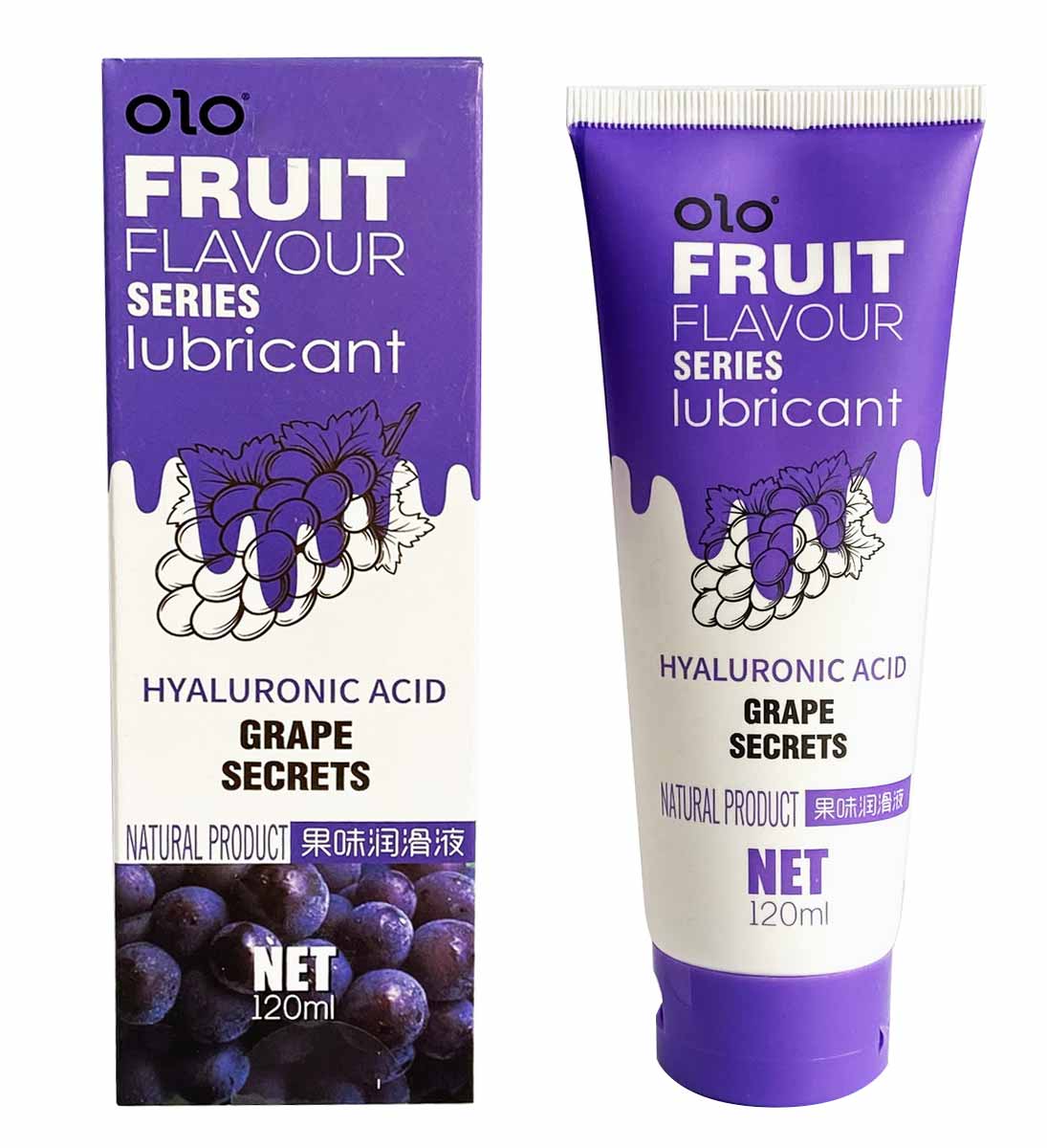 Фіолетова косметичка з двома тюбиками лубриканту OLO та прозорим кільцем на білому фоні