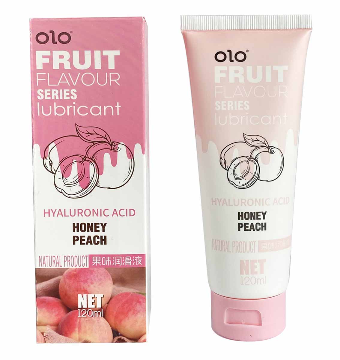 Два рожеві флакони лубриканту OLO та прозоре ерекційне кільце на білому фоні