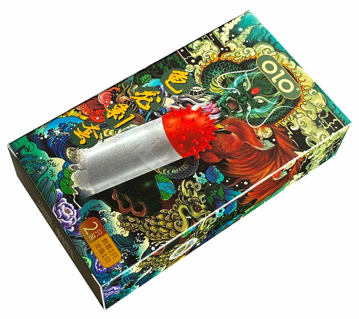 Черная упаковка с золотым драконом и красным логотипом OLO, 1 презерватив с усиками и шипами