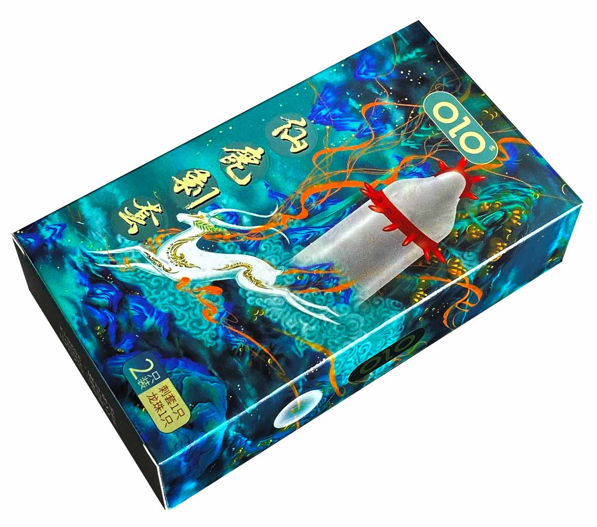 Белая упаковка Olo HOLY GAZELLE с изображением презерватива с усиками и шипами, 1 шт