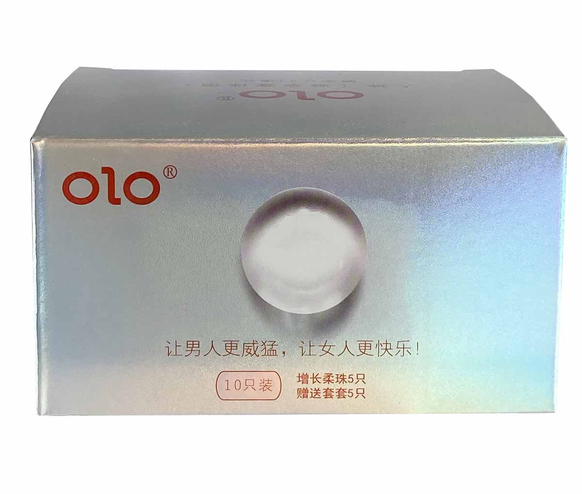 Черная глянцевая коробка Olo Pearl с изображением 5 презервативов и 5 шариков, надписи на английском