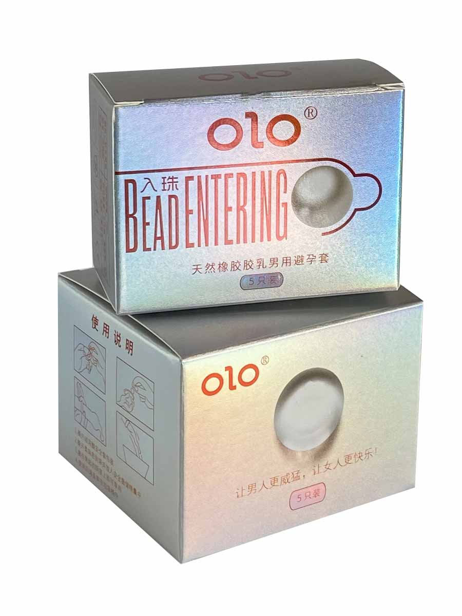 Темно-синяя упаковка Olo Pearl с изображением пяти презервативов и пяти шариков, надписи на английском