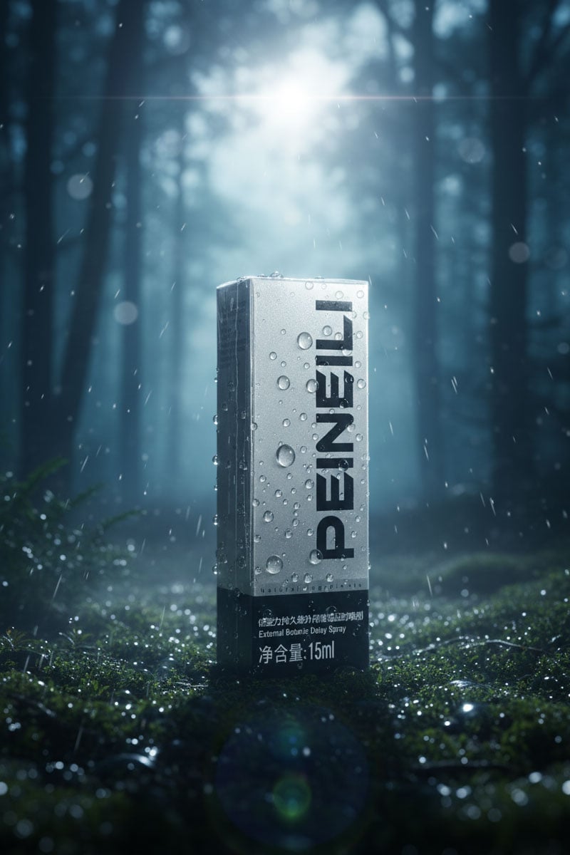 Чорний флакон Olo PEINEILI BioDelay Spray 15мл з жовтим ковпачком на білому фоні