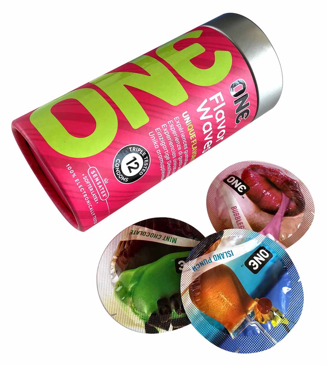 Яскрава упаковка ONE Flavor Waves з шістьма смаками, напис 12 condoms, фон синьо-фіолетовий