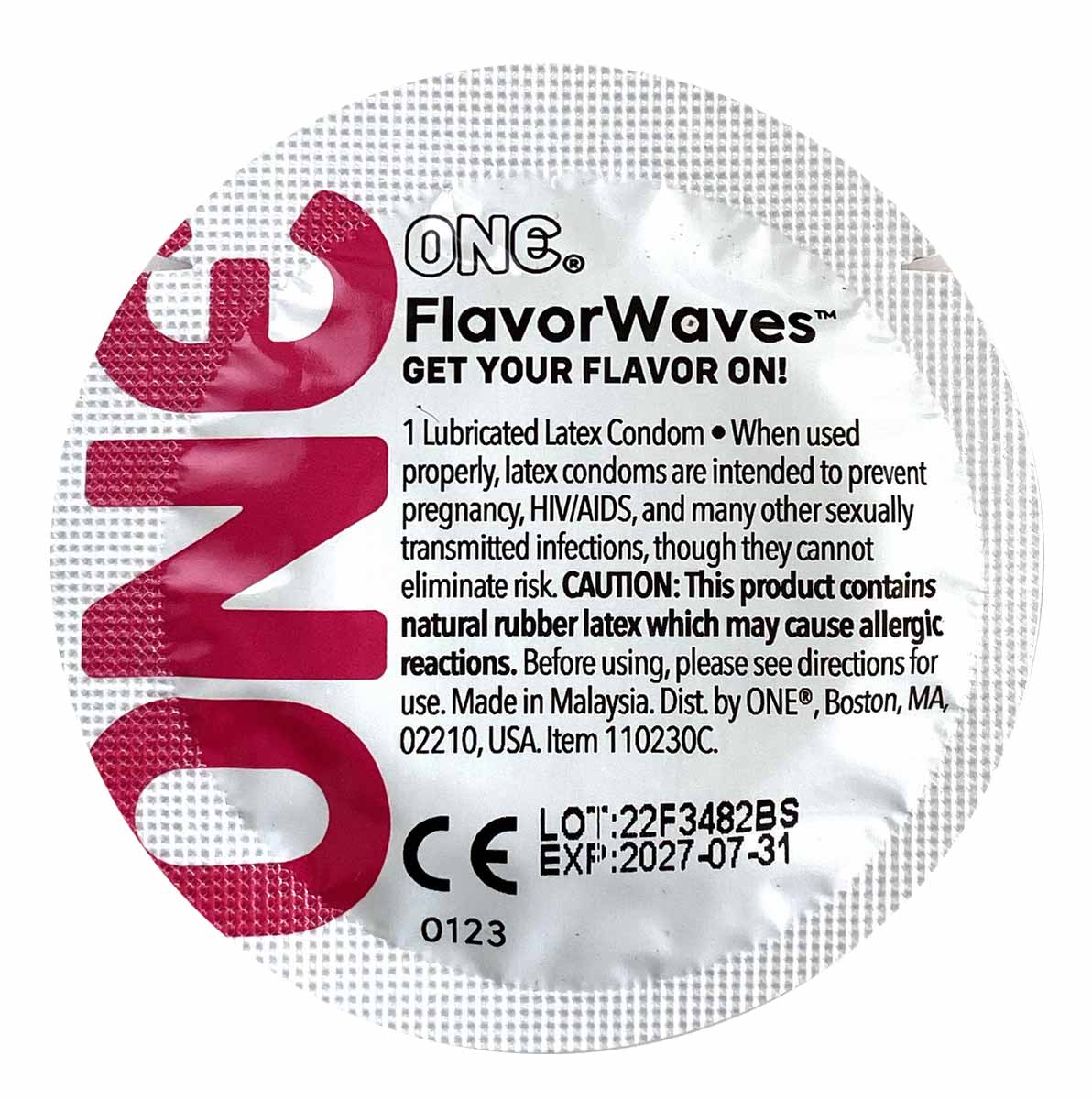 Яскрава фіолетова коробка ONE Flavor Waves із зображенням фруктів, напис 12 штук, 6 смаків
