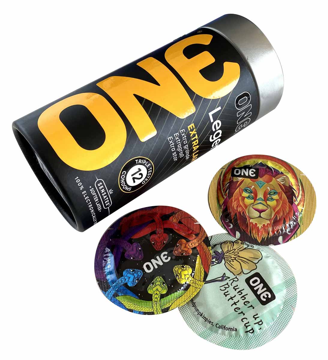 Чорна коробка ONE Legend Extra large із синім дизайном, 12 великих презервативів особливої форми