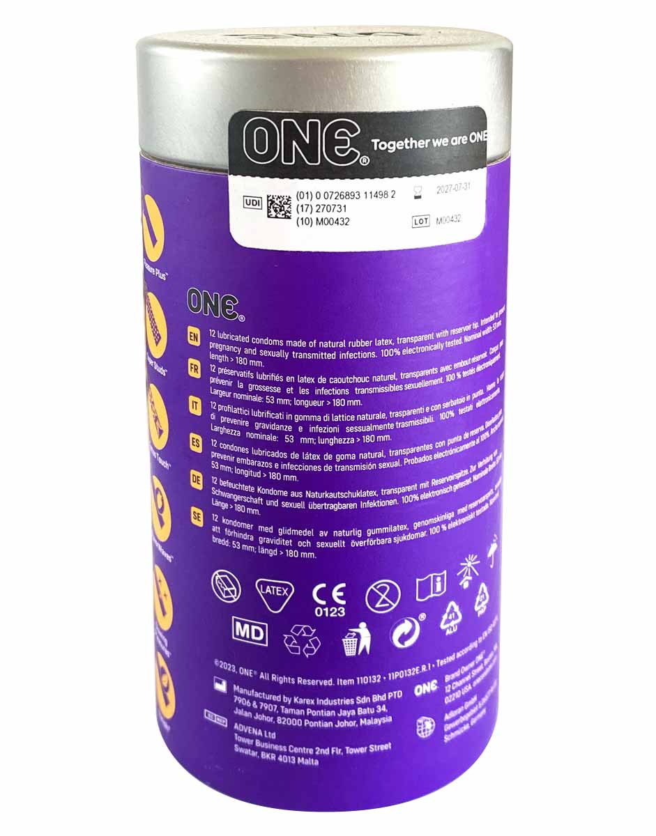 Яскрава коробка ONE Mixed Pleasures із шістьма різними видами презервативів, 12 штук