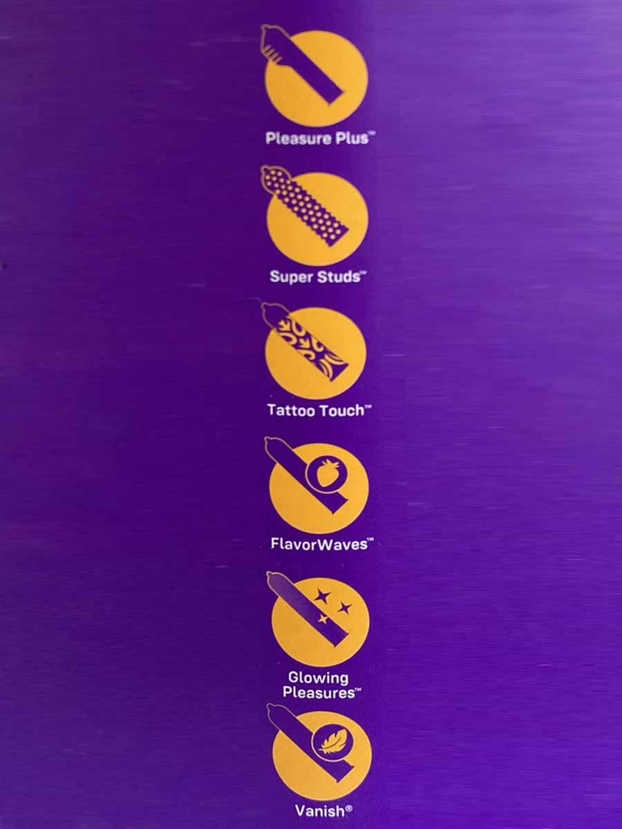 Яскрава коробка ONE Mixed Pleasures із шістьма видами презервативів, фіолетово-жовтий дизайн