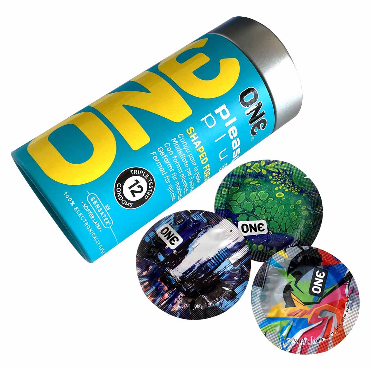 Темно-синя упаковка ONE Pleasure Plus, напис 12 condoms, зображення презерватива