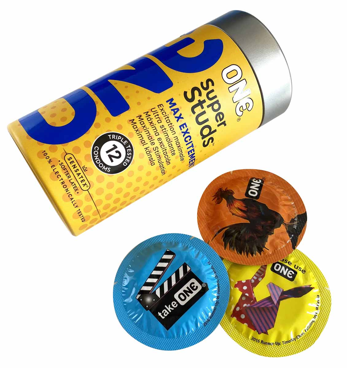 Темно-синя коробка ONE Super Studs з жовтими елементами та написом 12 textured condoms