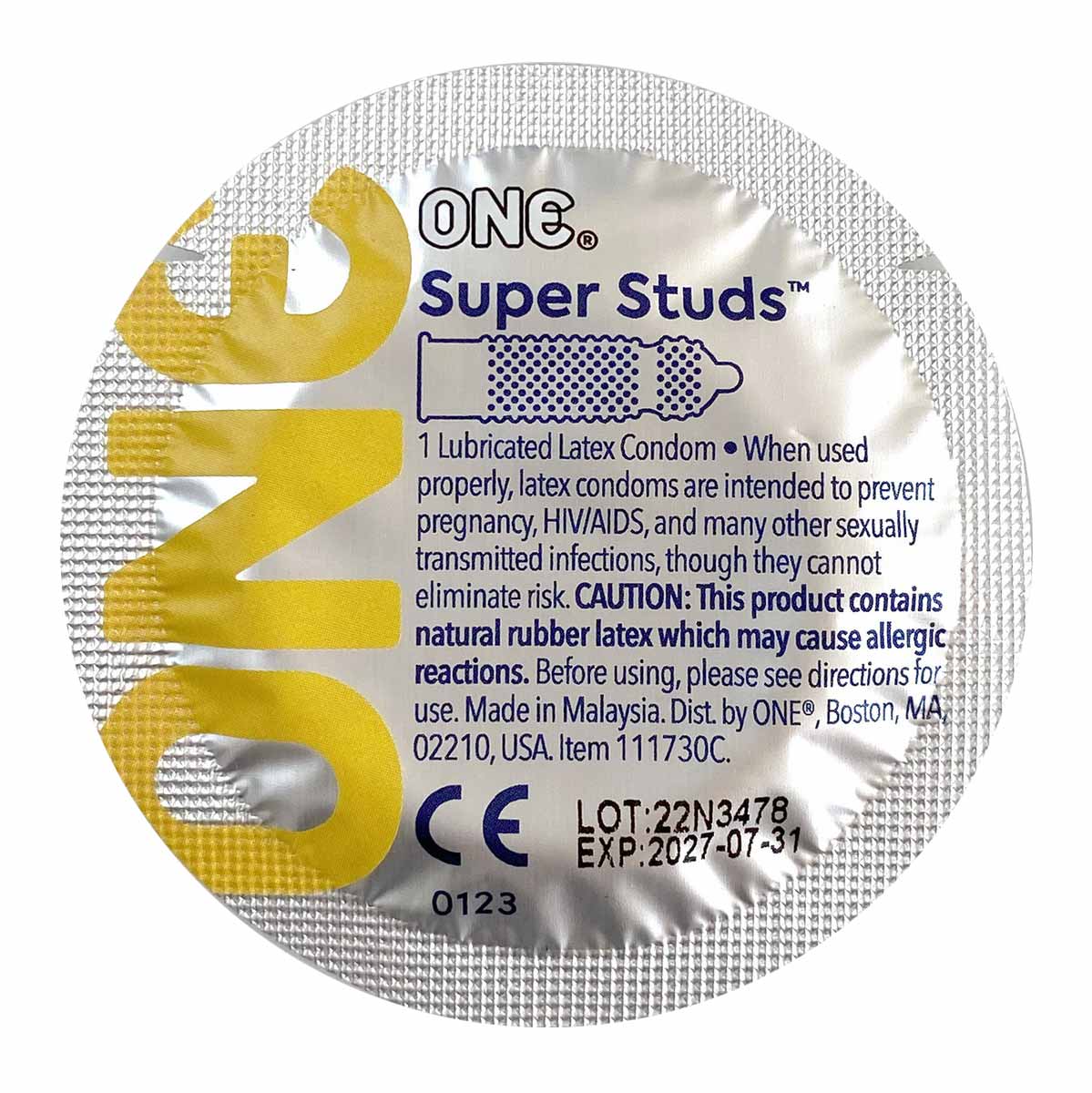 Темно-фіолетова коробка ONE Super Studs з жовтим написом та кількістю 12 шт