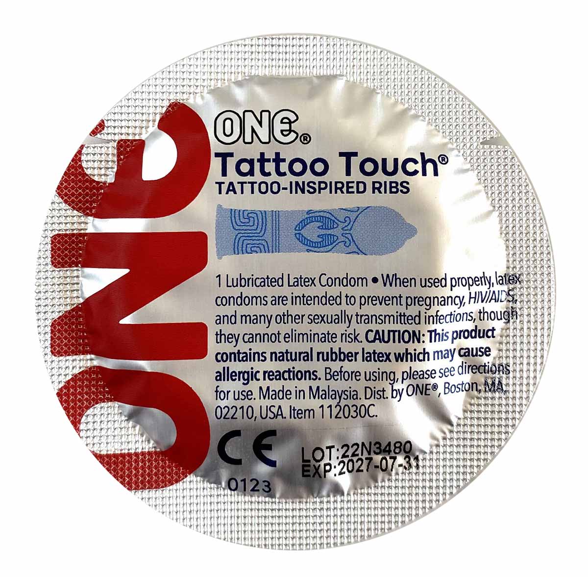 Кольорова упаковка з тату-дизайном ONE Tattoo Touch, напис 12 шт, текстуровані презервативи