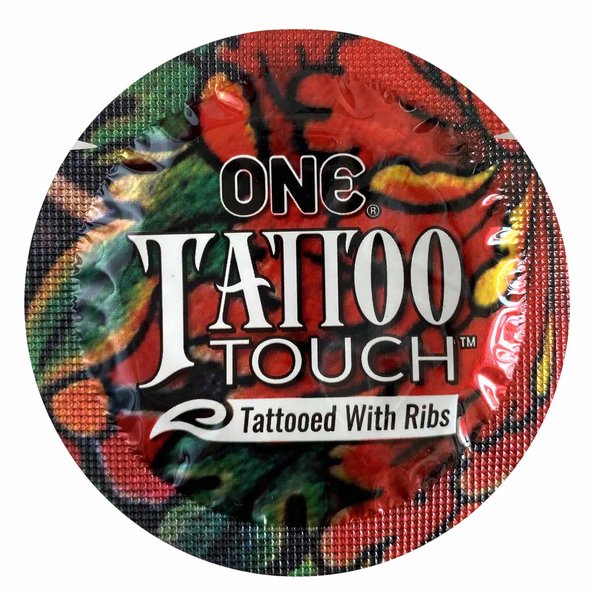 Яскрава кругла металева банка з тату-дизайном та написом ONE Tattoo Touch, 12 презервативів