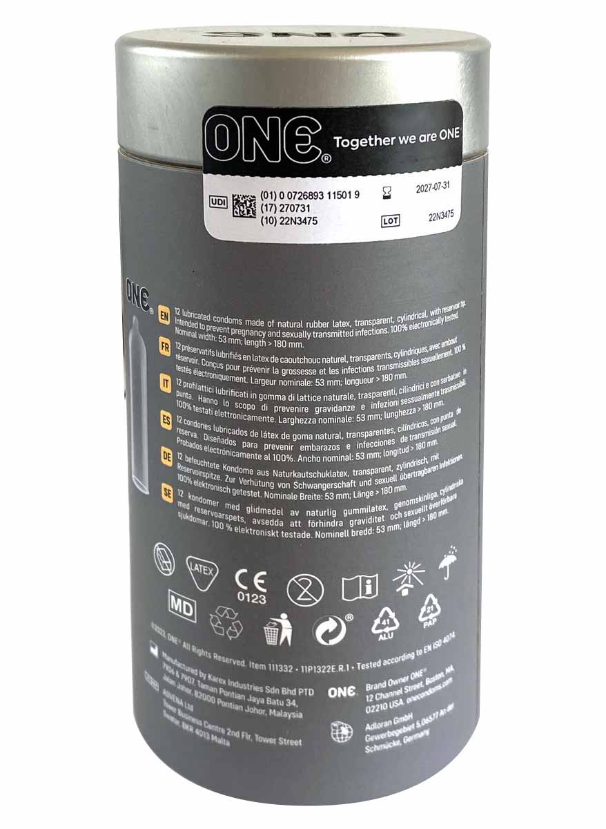 Срібляста упаковка ONE Vanish Superthin з написом на синьому тлі, 12 штук, преміум змазка