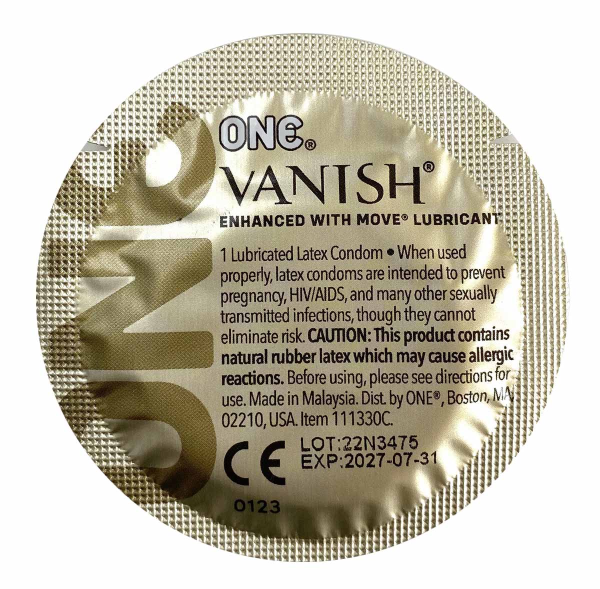 Синя картонна коробка ONE Vanish Superthin з написом 12 condoms та жовтим логотипом ONE