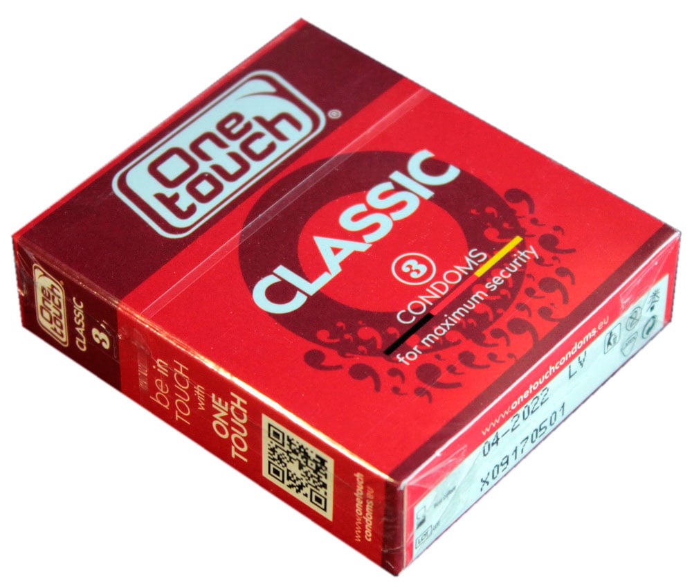 Синий фон с изображением упаковки презервативов One touch Classic 3 штуки