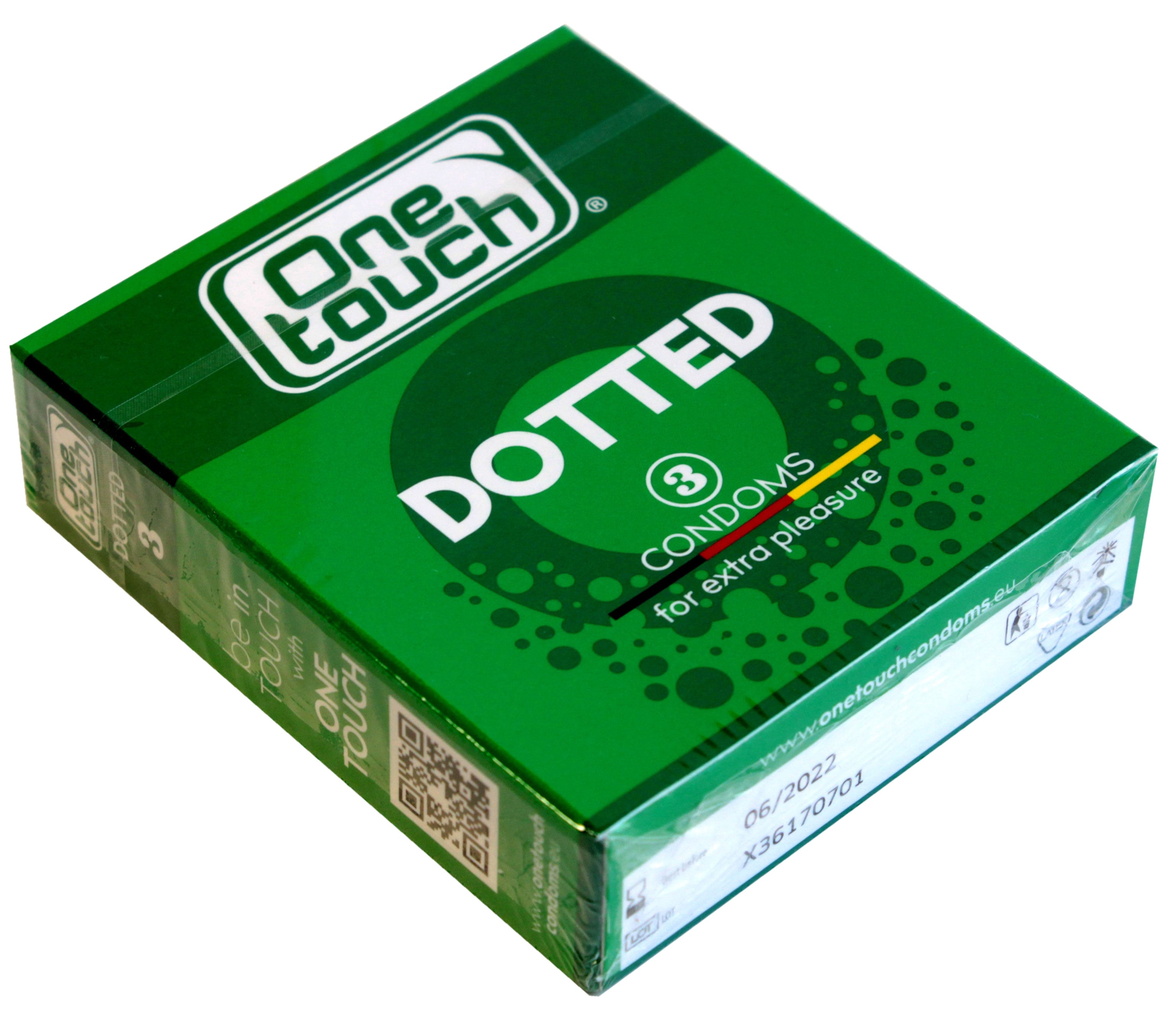 Черная коробка с синим акцентом One touch Dotted 3 презерватива с точками