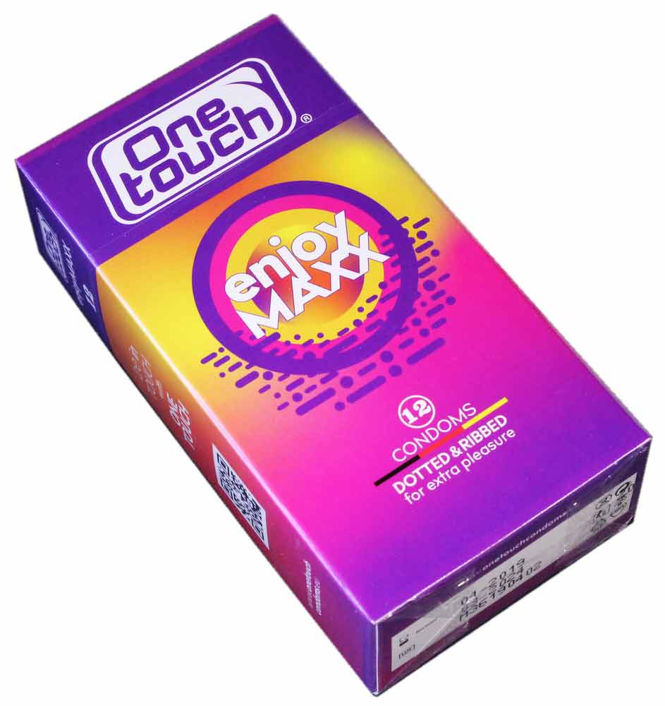 Темно-синяя коробка с желтым логотипом One touch Enjoy Maxx, 12 шт, точки и ребра