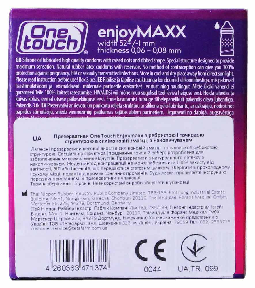 Темно-синяя коробка One touch Enjoy Maxx 3 презерватива с точками и ребрами