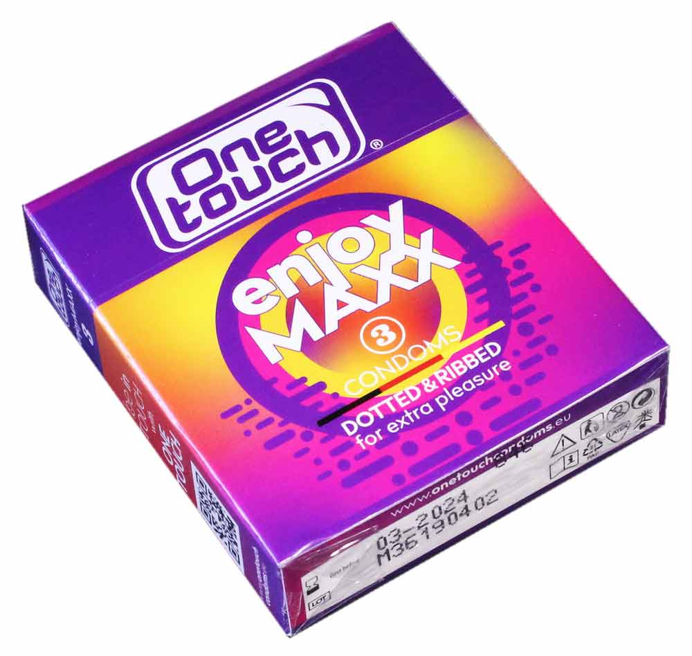 Черная упаковка One touch Enjoy Maxx 3 презерватива с синим и желтым акцентом