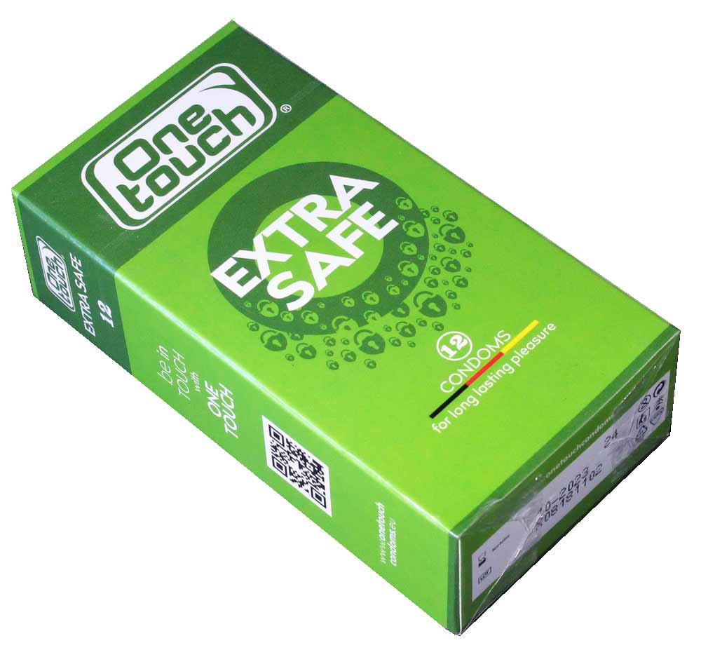 Синий прямоугольник с надписью One touch Extra Safe, 12 шт, extra lubricated