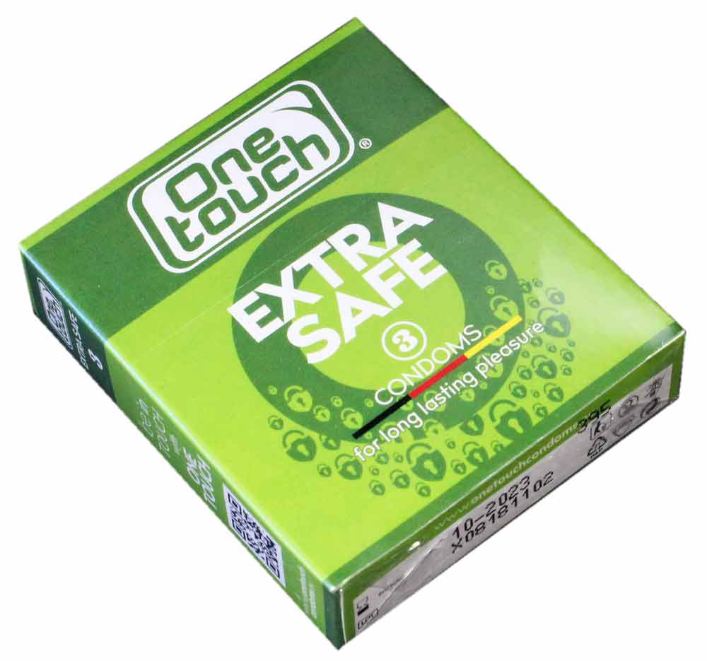 Синяя упаковка One touch Extra Safe 3 презерватива с белым и оранжевым текстом