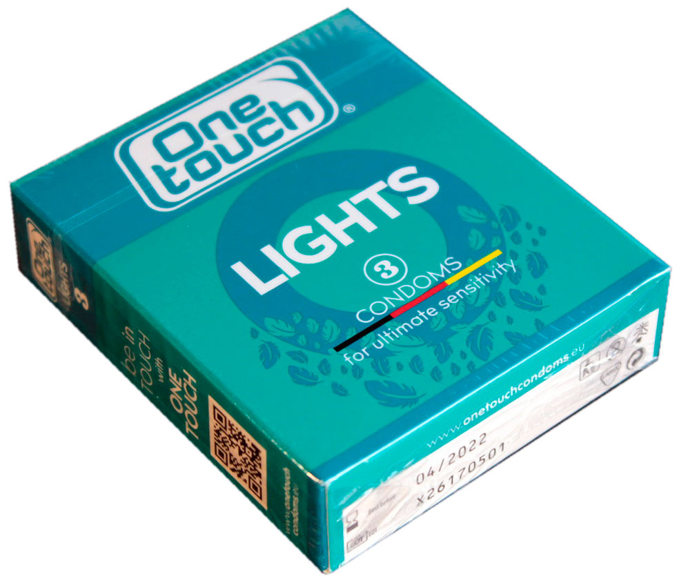 Глянцевая синяя упаковка One touch Lights 3 ультратонкие с желтым кружком и белым текстом
