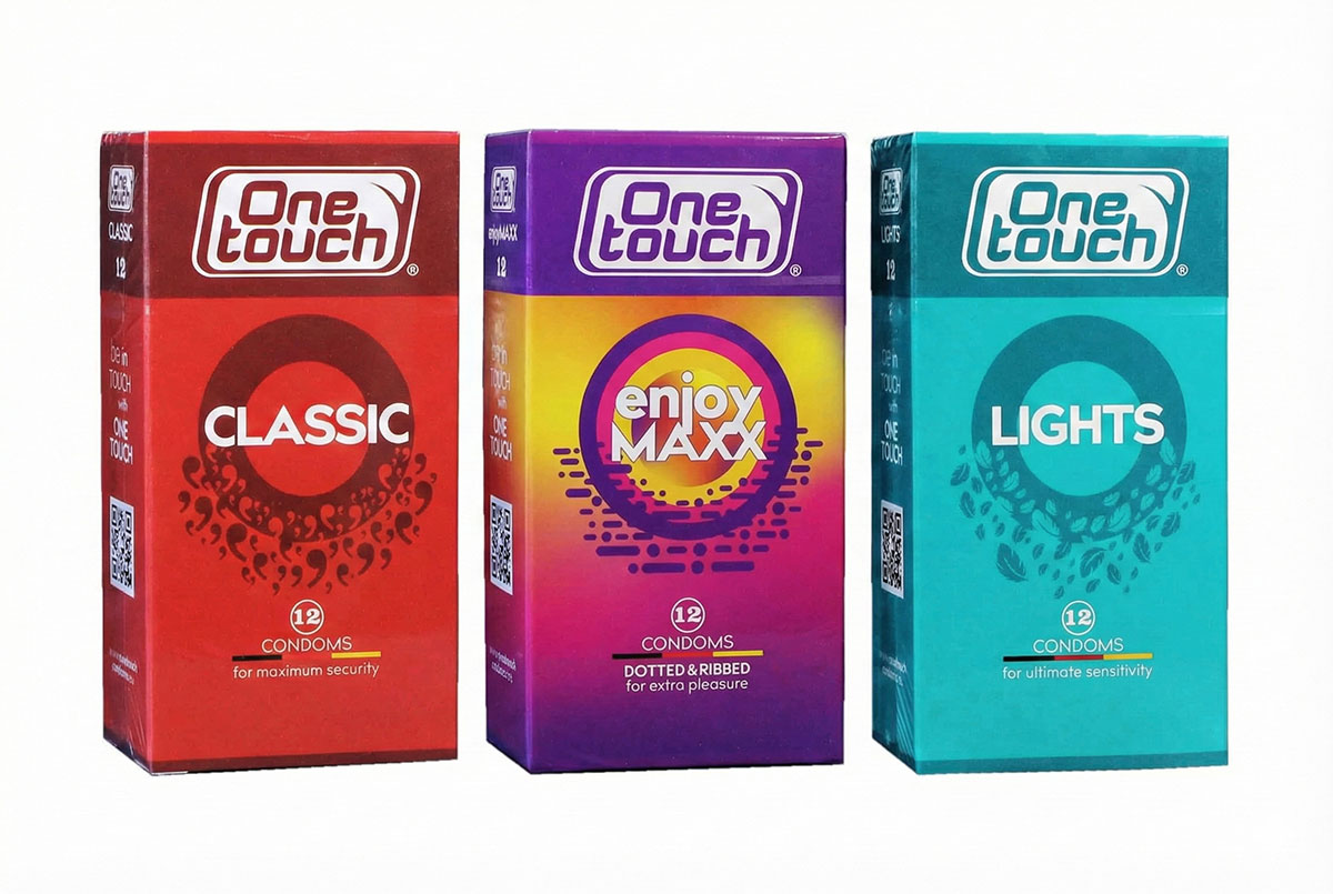 Три разноцветные коробки One touch Mix 12 с разноцветными элементами дизайна, 36 презервативов