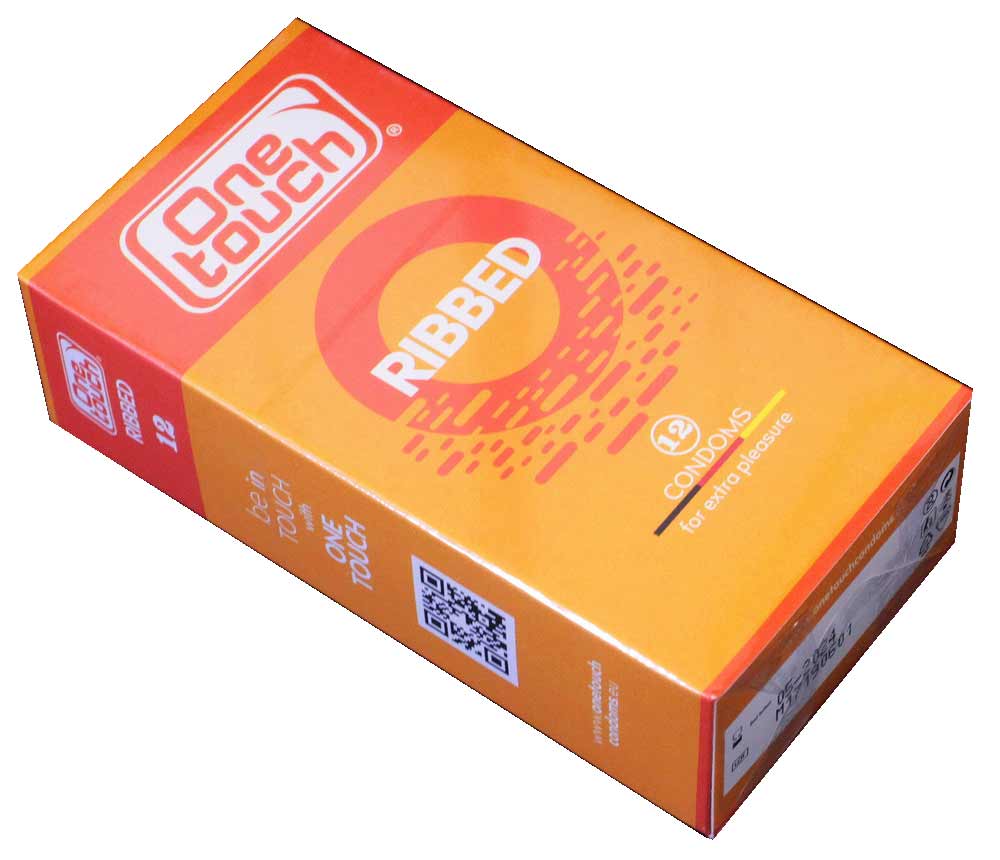 Темно-синяя упаковка One touch Ribbed 12 шт с желтым логотипом и надписью ribbed