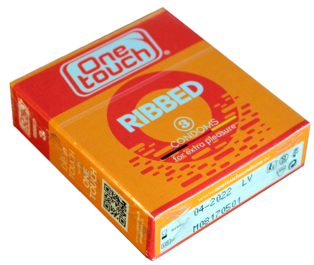 Синий фон, бело-оранжевая коробка One touch Ribbed 3шт с ребрами, надпись Ribbed