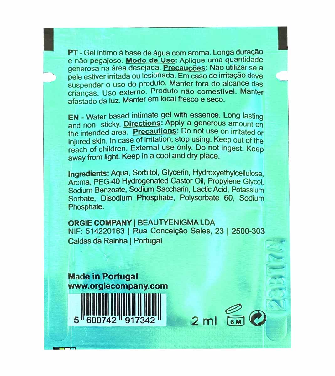 Яскраво-зелений саше Orgie Cocktail Caipirinha 2 мл з жовтими та білими написами