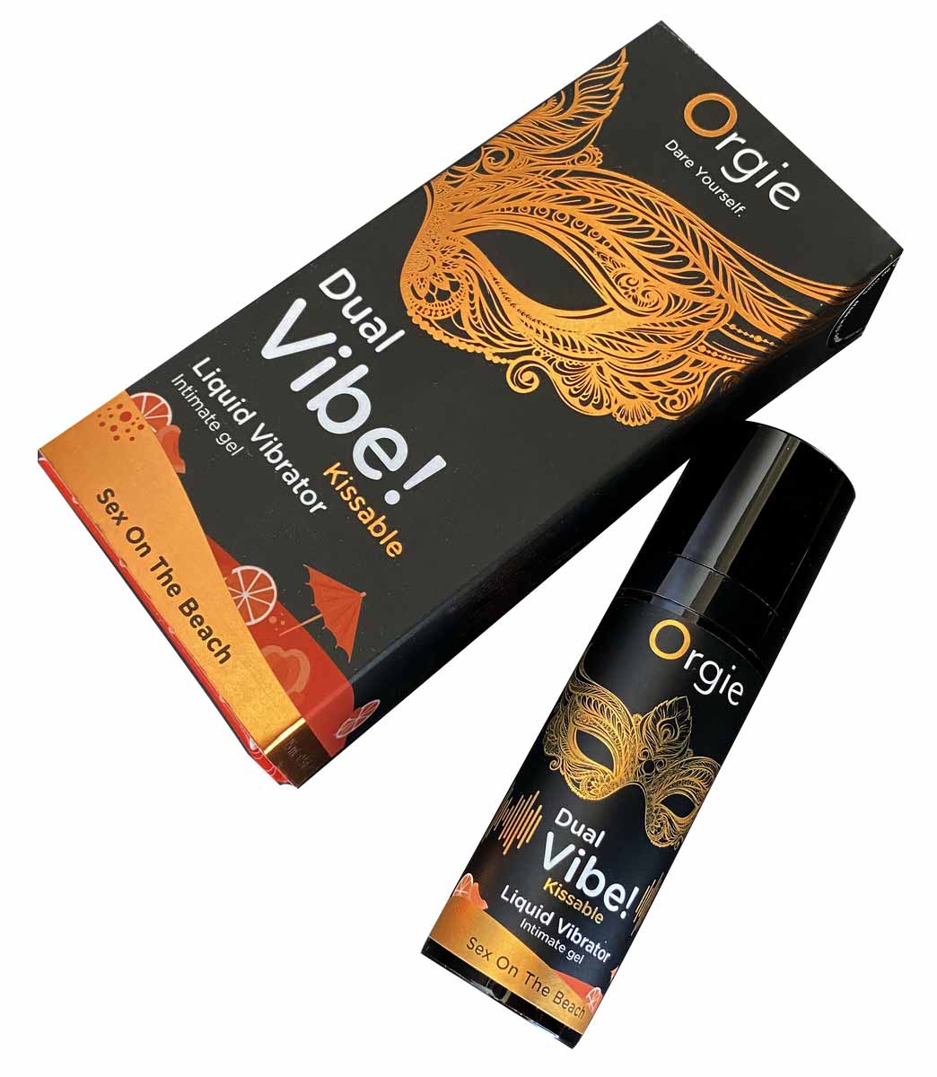 Чорний флакон Orgie DualVibe Kissable 15мл з рожевими та жовтими акцентами, смак Sex on the beach